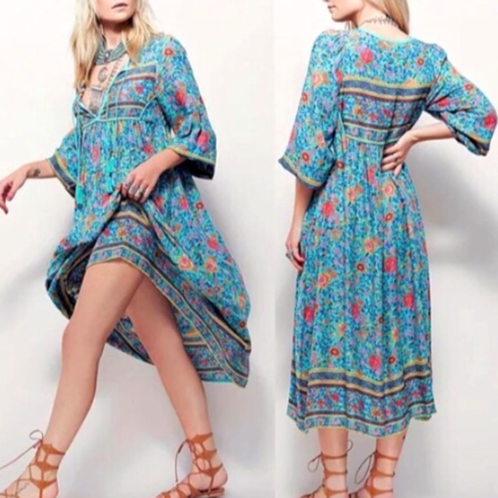 Folk Town Boho Turquoise Maxi DRESS Floral Cotton - Picture 2 of 7